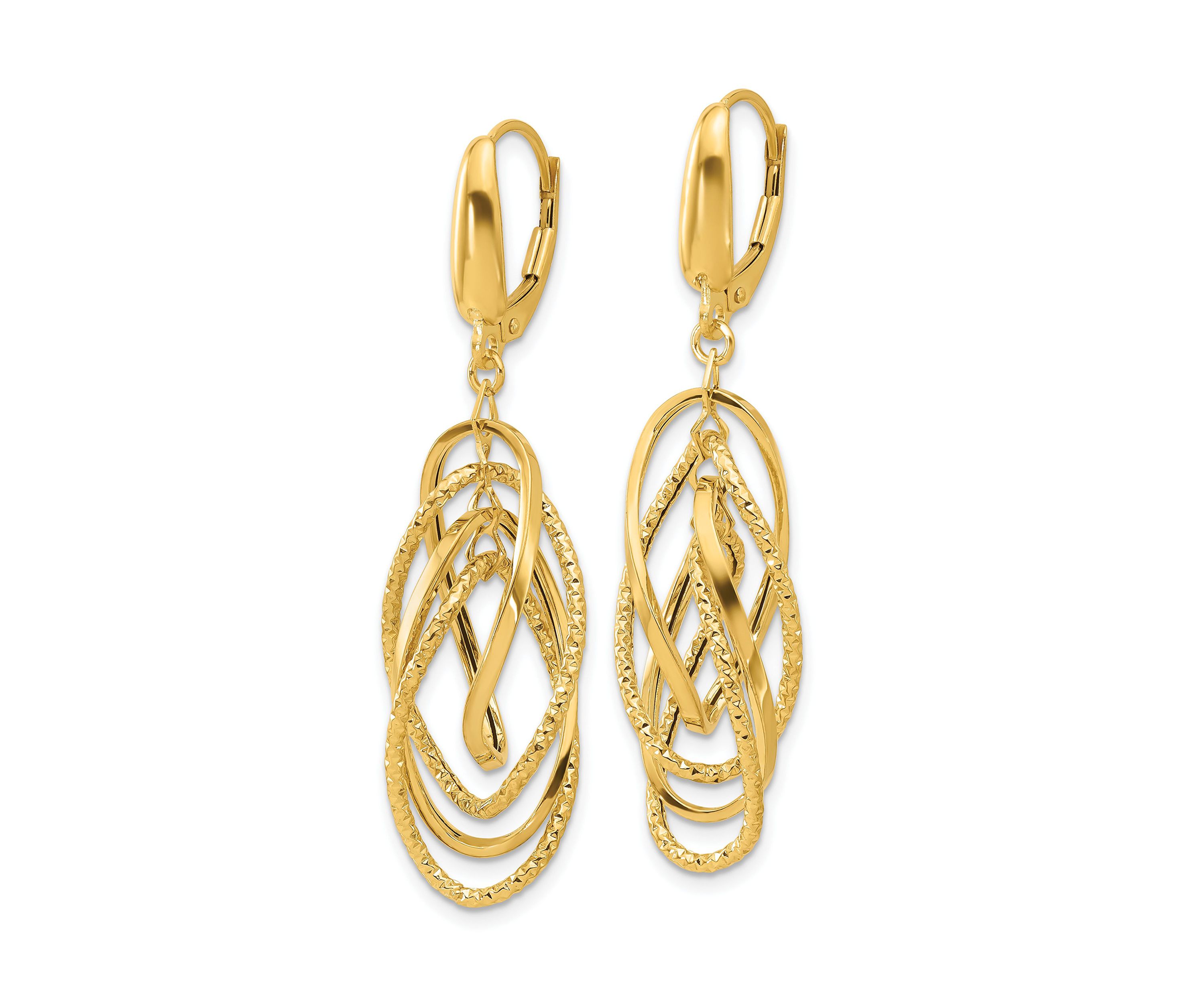 14K Yellow Gold Polished and Textured Ovals Dangle Earrings