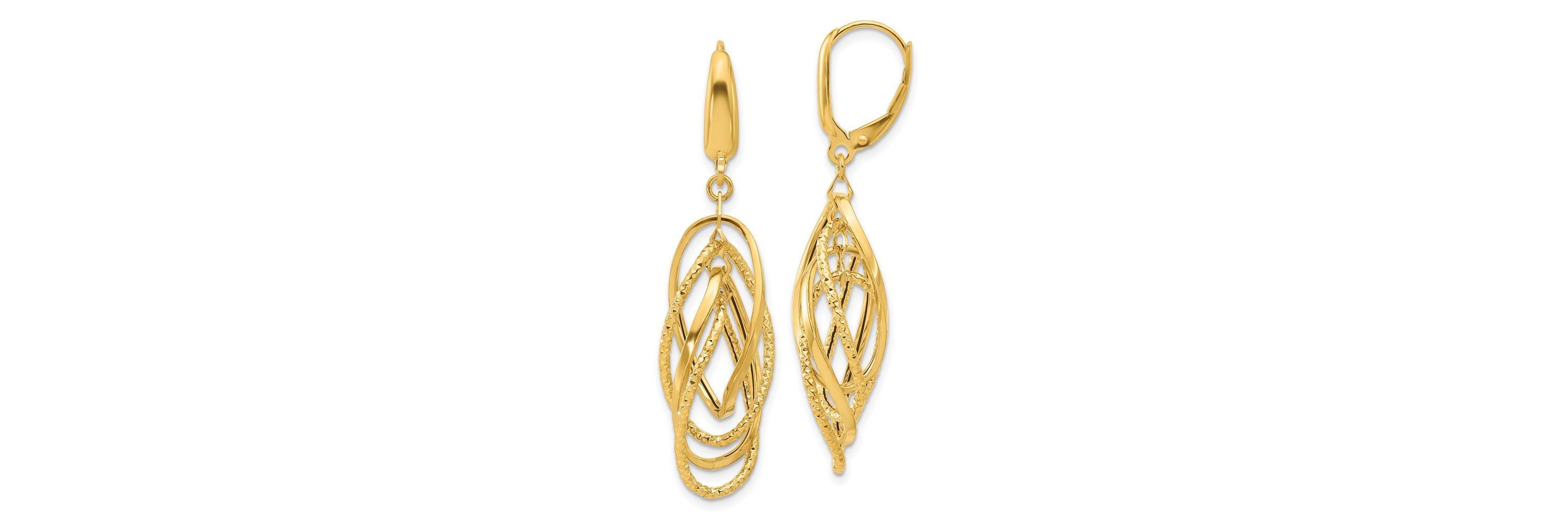 14K Yellow Gold Polished and Textured Ovals Dangle Earrings