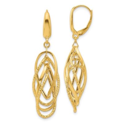 14K Yellow Gold Polished and Textured Ovals Dangle Earrings