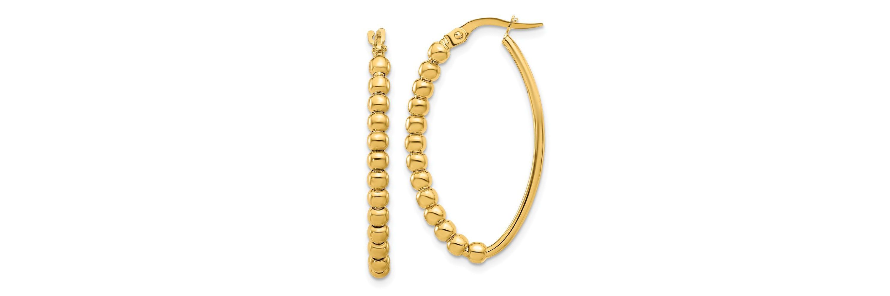 14K Yellow Gold Polished Beaded Oval Hoop Earrings