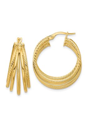 14K Yellow Gold Polished and Multi Textured Hoop Earrings