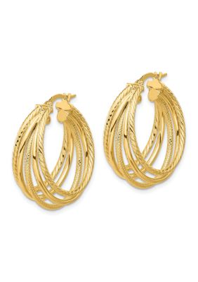 14K Yellow Gold Polished and Multi Textured Hoop Earrings