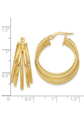 14K Yellow Gold Polished and Multi Textured Hoop Earrings