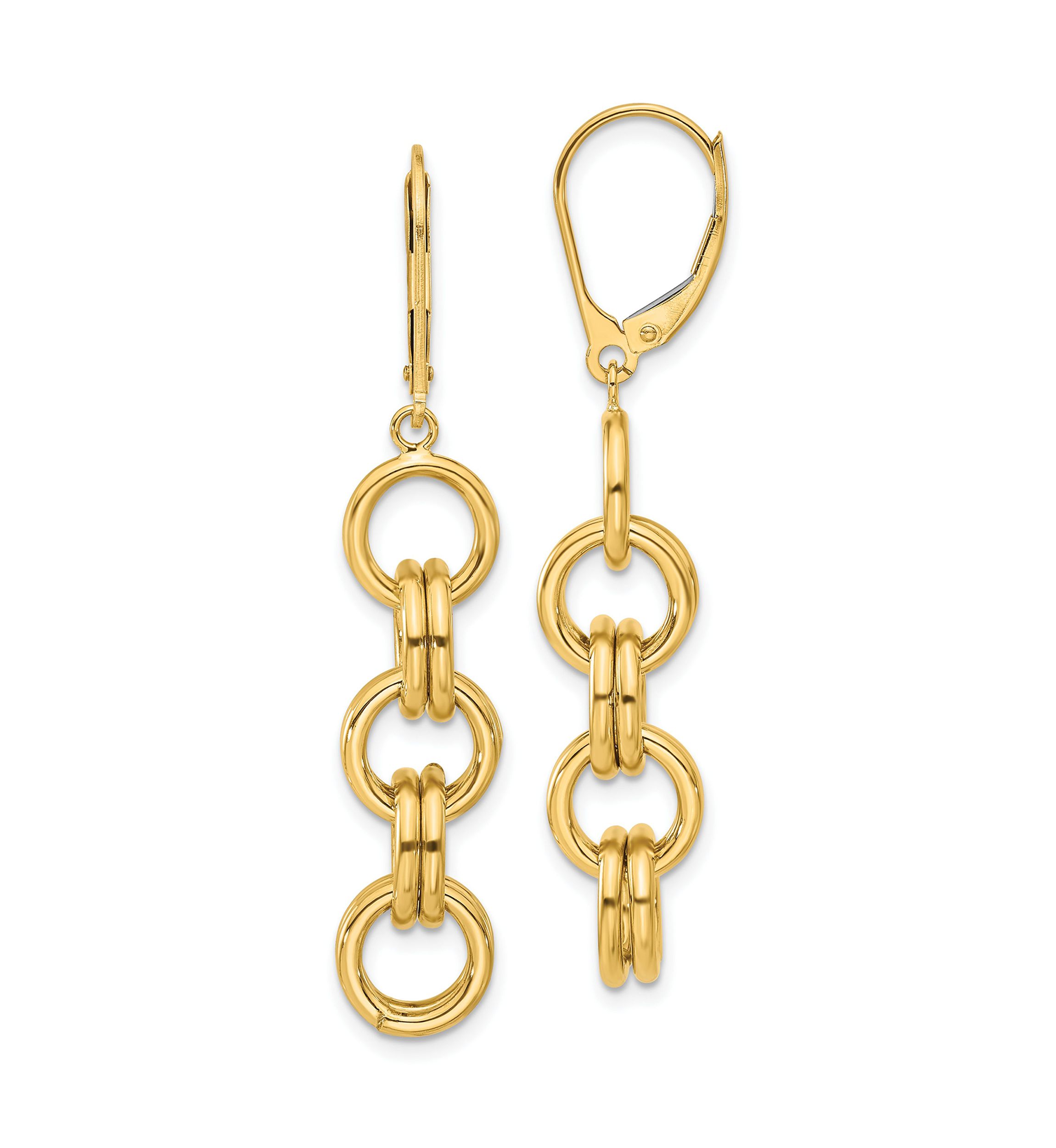 14K Yellow Gold Polished Circle Links Dangle Earrings