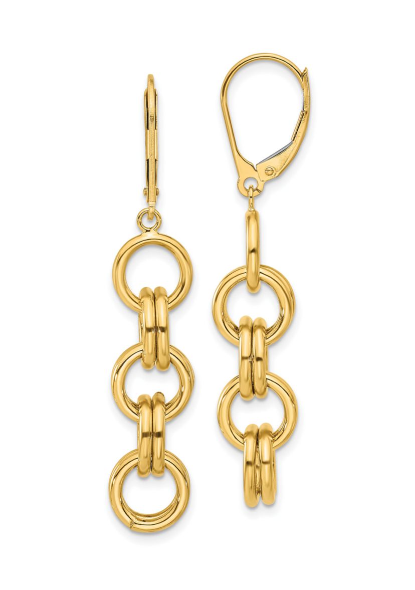 14K Yellow Gold Polished Circle Links Dangle Earrings