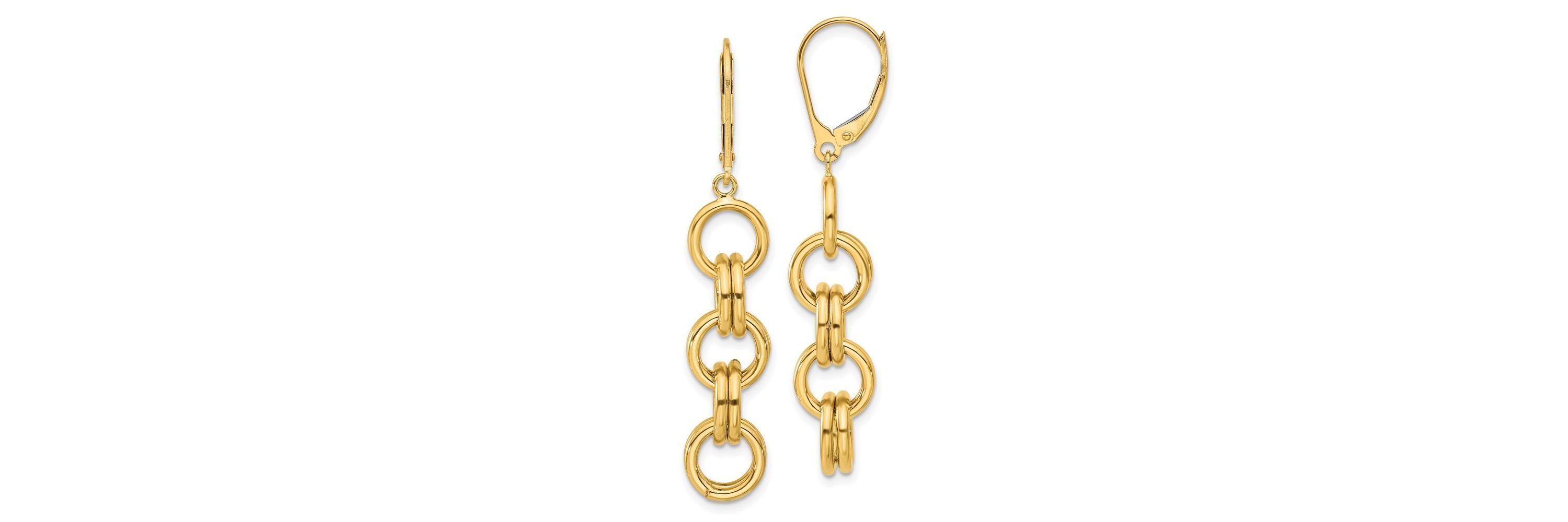 14K Yellow Gold Polished Circle Links Dangle Earrings