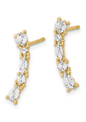 14K Yellow Gold White Rhodium Polished and Diamond Cut Post Earrings