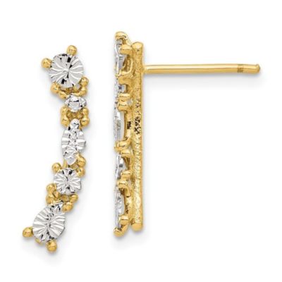 14K Yellow Gold White Rhodium Polished and Diamond Cut Post Earrings