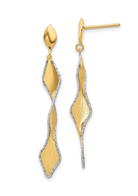 14K Yellow Gold White Rhodium Polished and Satin Post Dangle Earrings