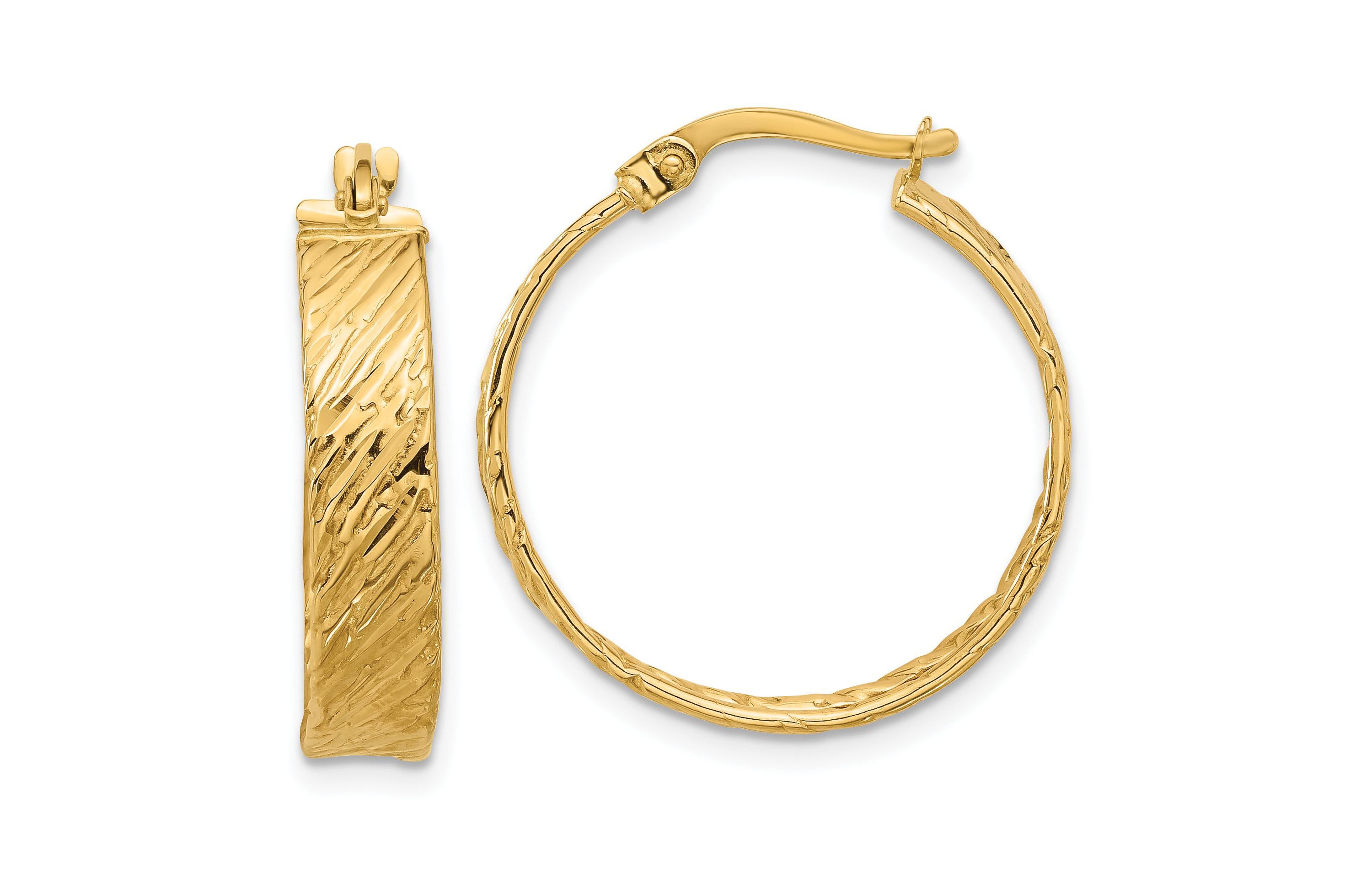 14K Yellow Gold Polished and Textured Round Hoop Earrings