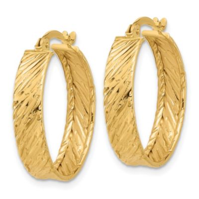 14K Yellow Gold Polished and Textured Round Hoop Earrings