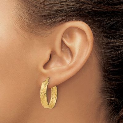 14K Yellow Gold Polished and Textured Round Hoop Earrings