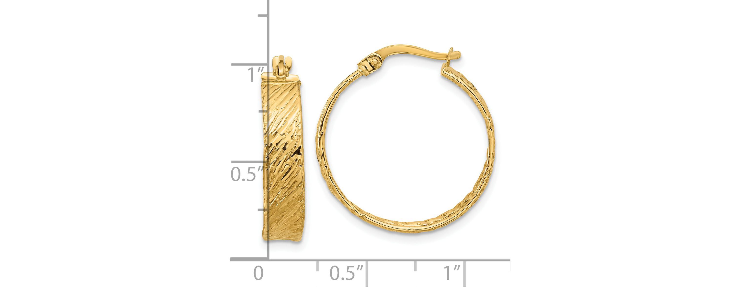 14K Yellow Gold Polished and Textured Round Hoop Earrings