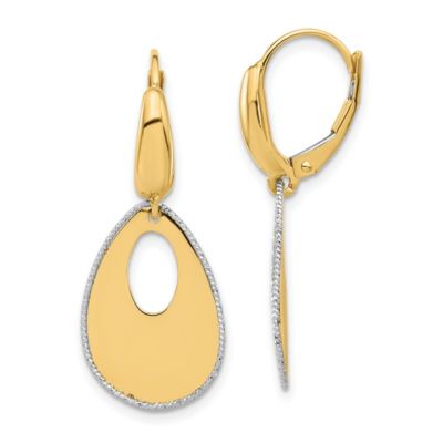 14K Two-tone Polished and Diamond-cut Teardrop Dangle Leverback Earrings