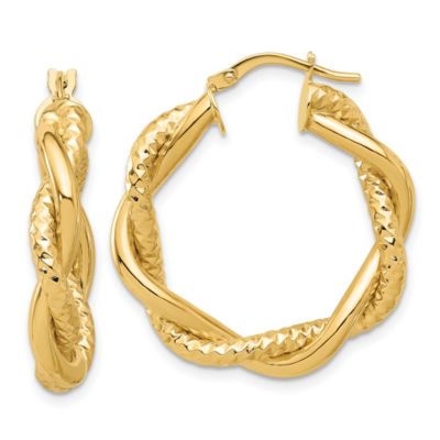 14K Yellow Gold Polished and Textured Twisted Round Hoop Earrings