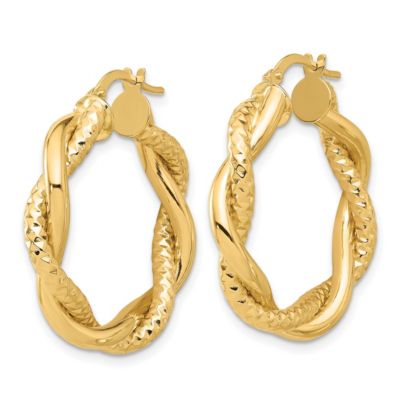 14K Yellow Gold Polished and Textured Twisted Round Hoop Earrings