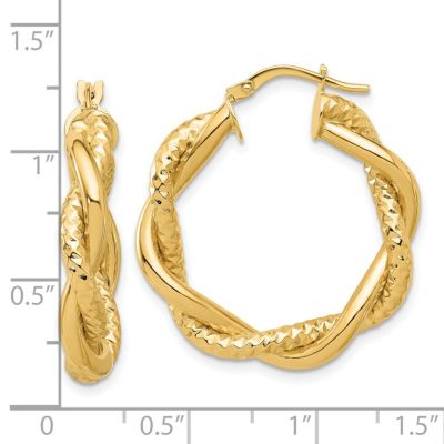 14K Yellow Gold Polished and Textured Twisted Round Hoop Earrings