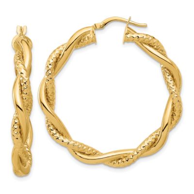 14K Yellow Gold Polished and Textured Twisted Round Hoop Earrings