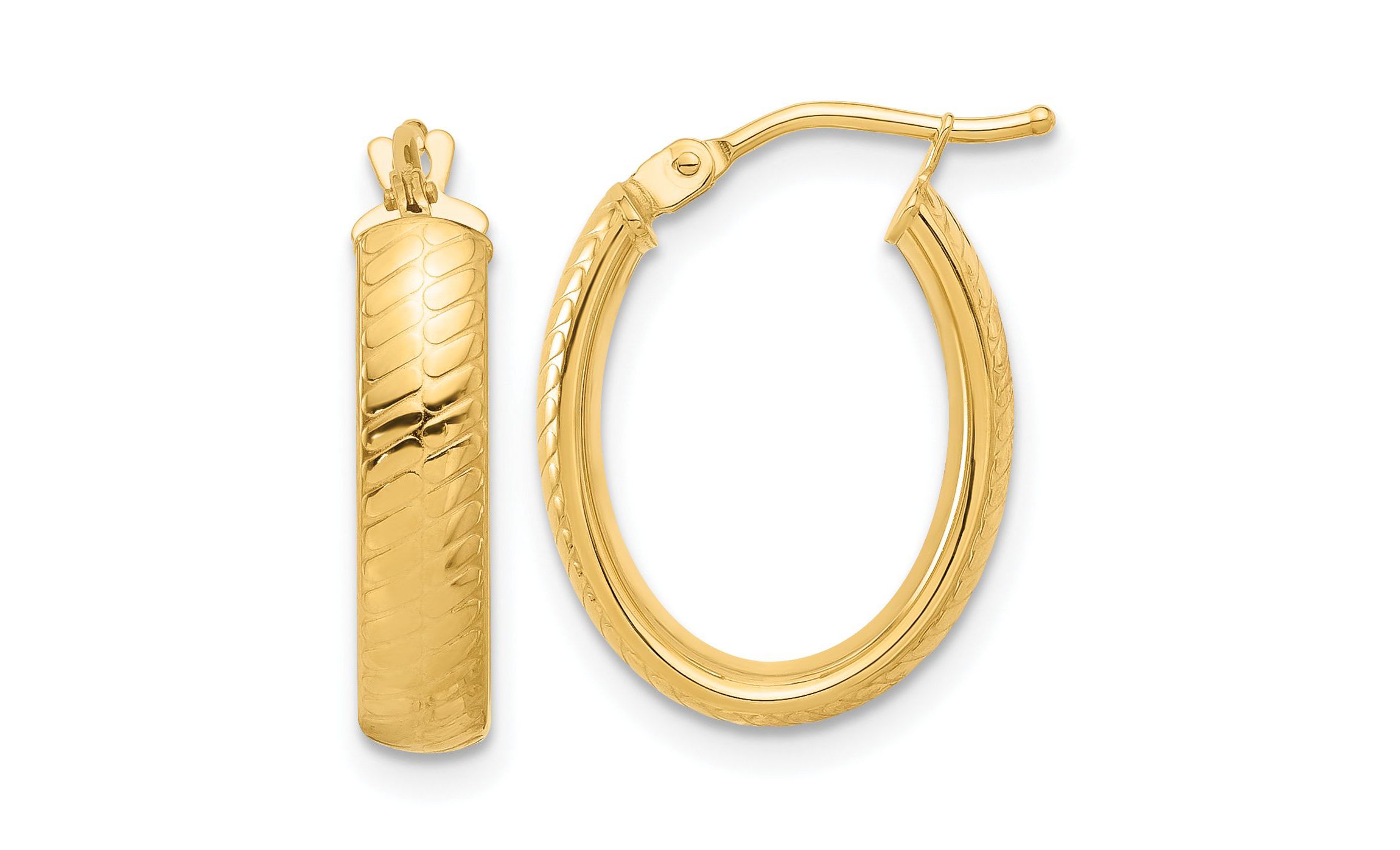 14K Yellow Gold Polished and Textured Oval Hoop Earrings