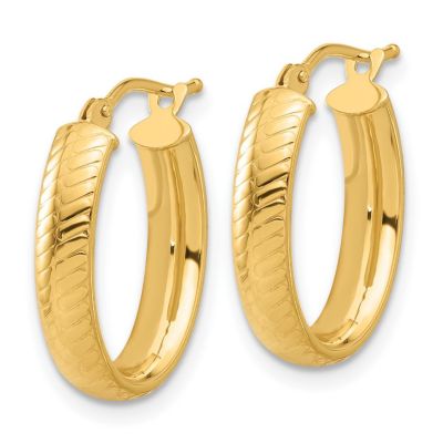 14K Yellow Gold Polished and Textured Oval Hoop Earrings