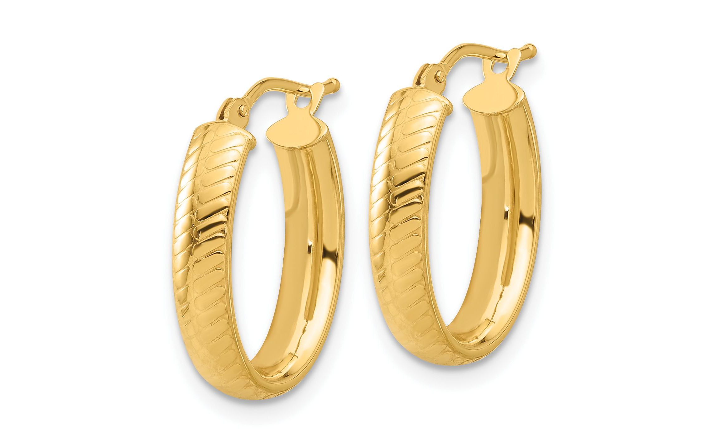 14K Yellow Gold Polished and Textured Oval Hoop Earrings