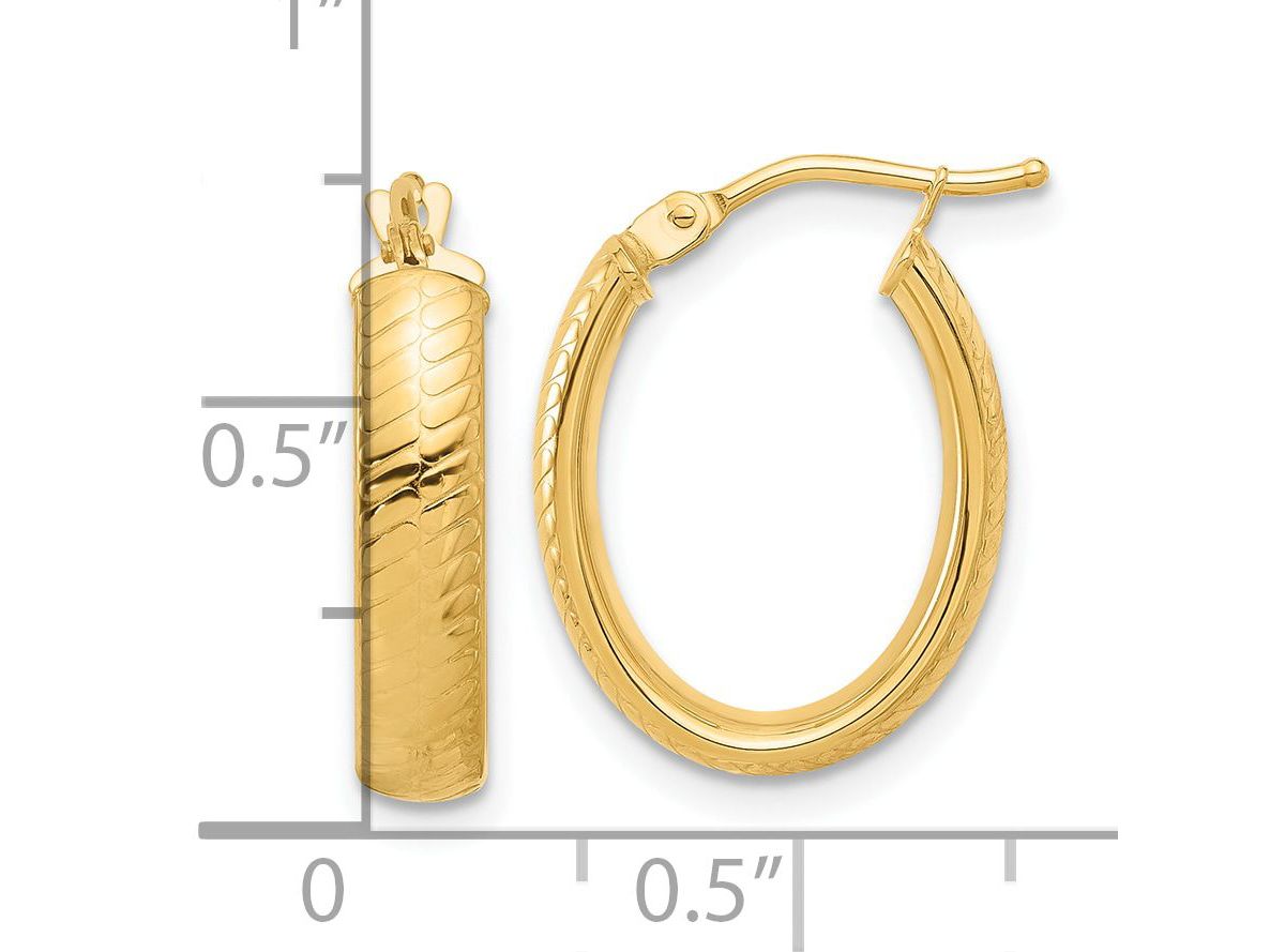 14K Yellow Gold Polished and Textured Oval Hoop Earrings