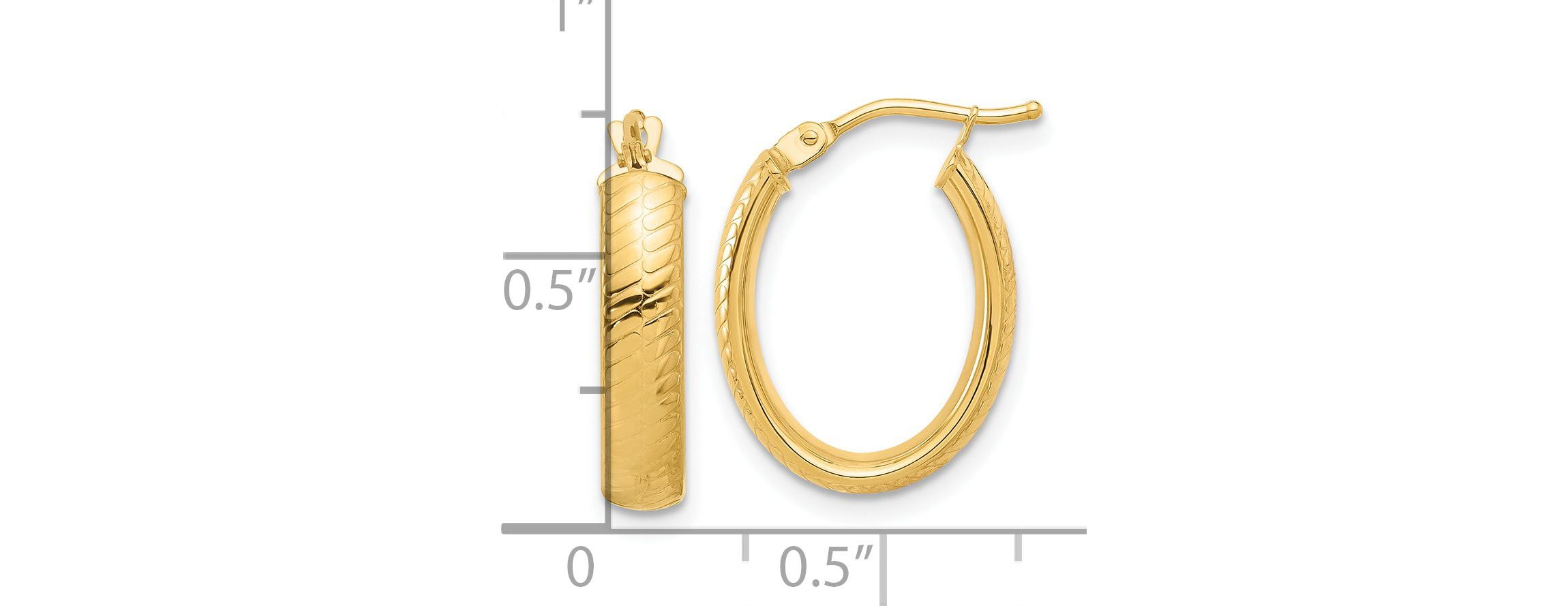 14K Yellow Gold Polished and Textured Oval Hoop Earrings