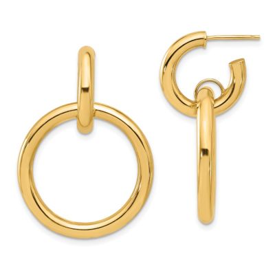 14K Yellow Gold Polished Circle Dangle Hoop Post Earrings