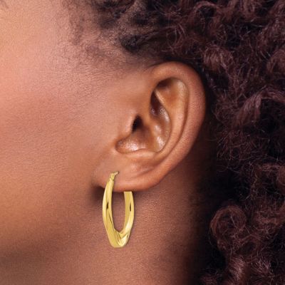 14K Yellow Gold Polished Hollow Oval Twist Hoop Earrings