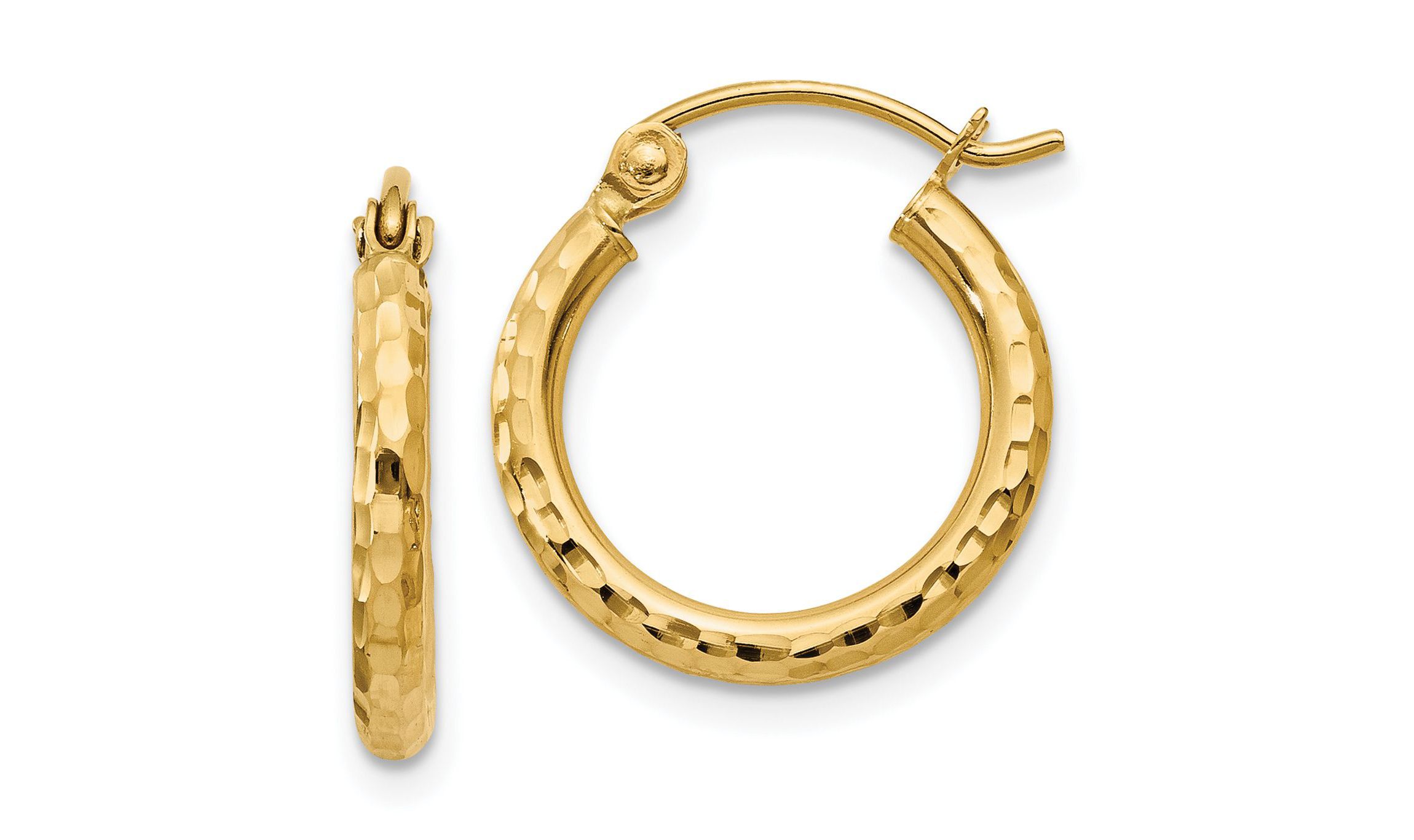 14K Yellow Gold Diamond-cut 2mm Round Tube Hoop Earrings