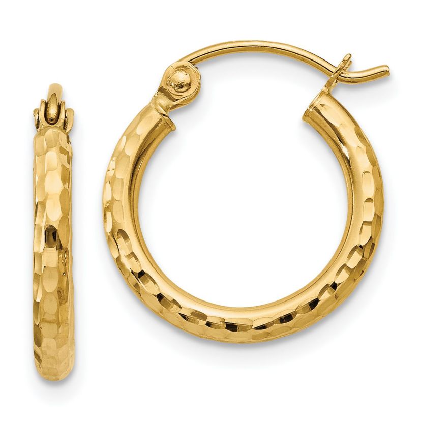 14K Yellow Gold Diamond-cut 2mm Round Tube Hoop Earrings