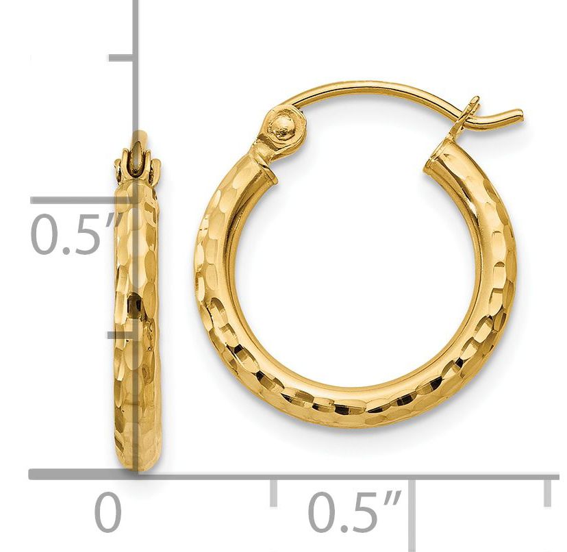 14K Yellow Gold Diamond-cut 2mm Round Tube Hoop Earrings