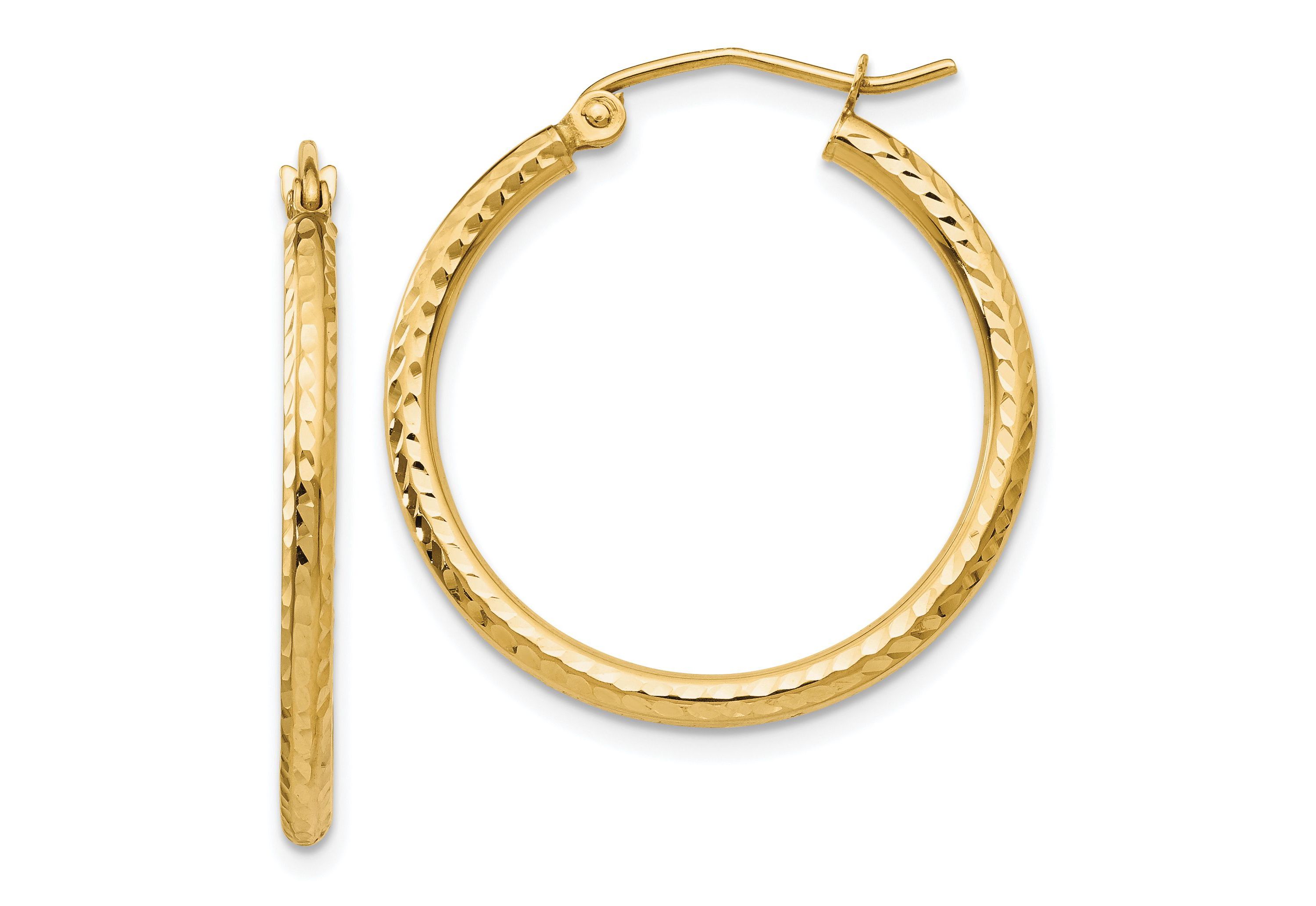 14K Yellow Gold Diamond-cut 2mm Round Tube Hoop Earrings