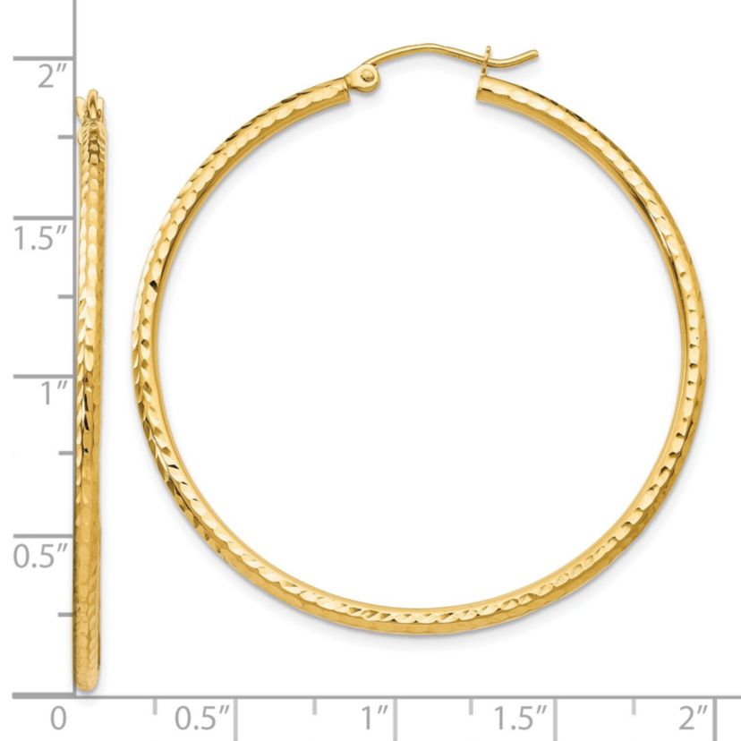 14K Yellow Gold Diamond-cut 2mm Round Tube Hoop Earrings