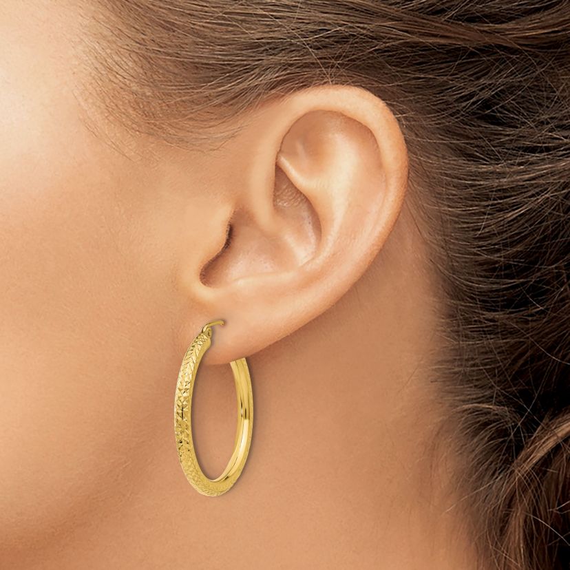 14K Yellow Gold Diamond-cut 3mm Round Hoop Earrings