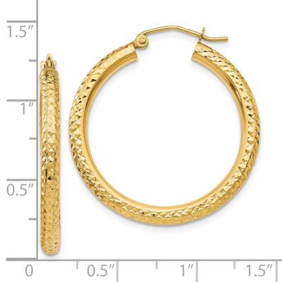 14K Yellow Gold Diamond-cut 3mm Round Hoop Earrings