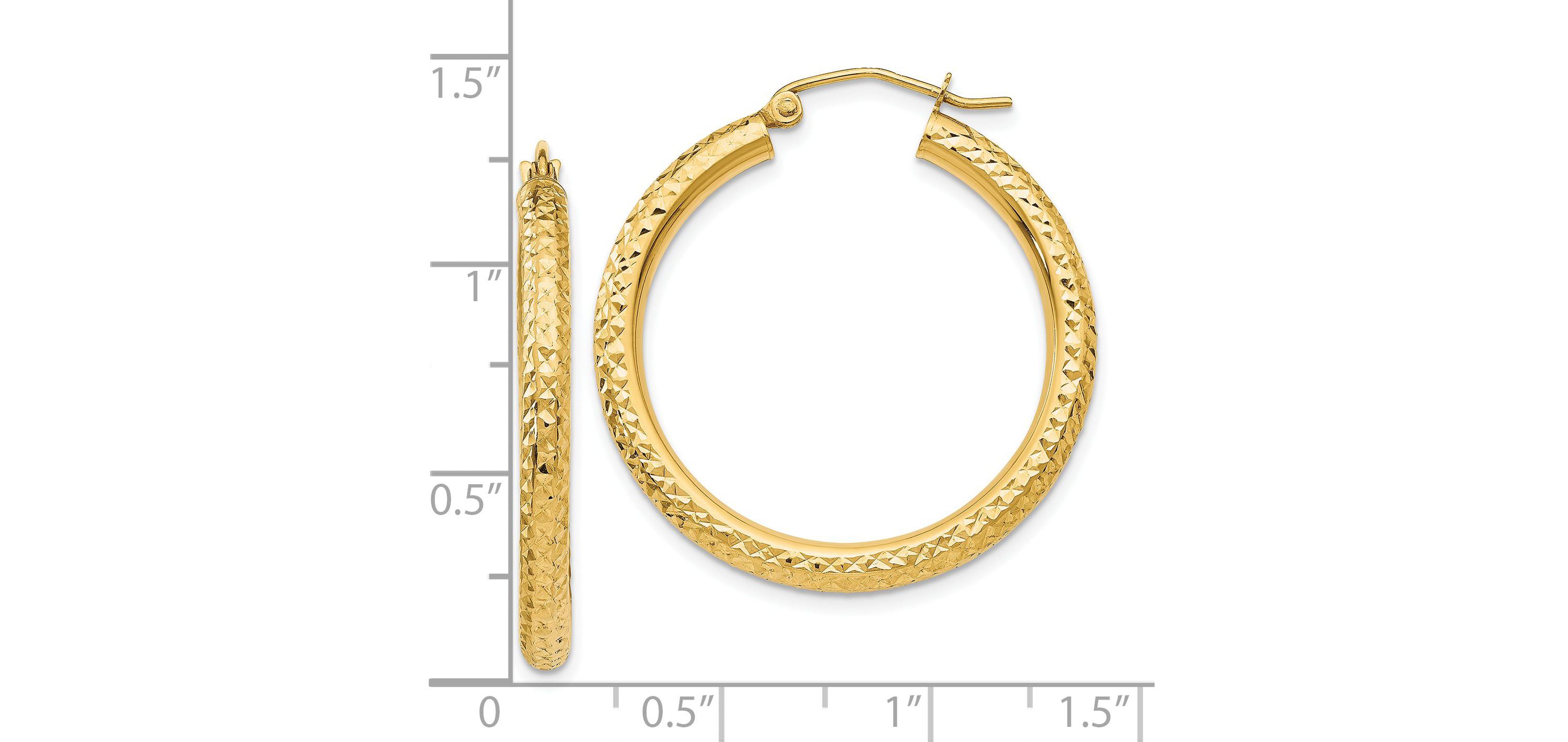 14K Yellow Gold Diamond-cut 3mm Round Hoop Earrings