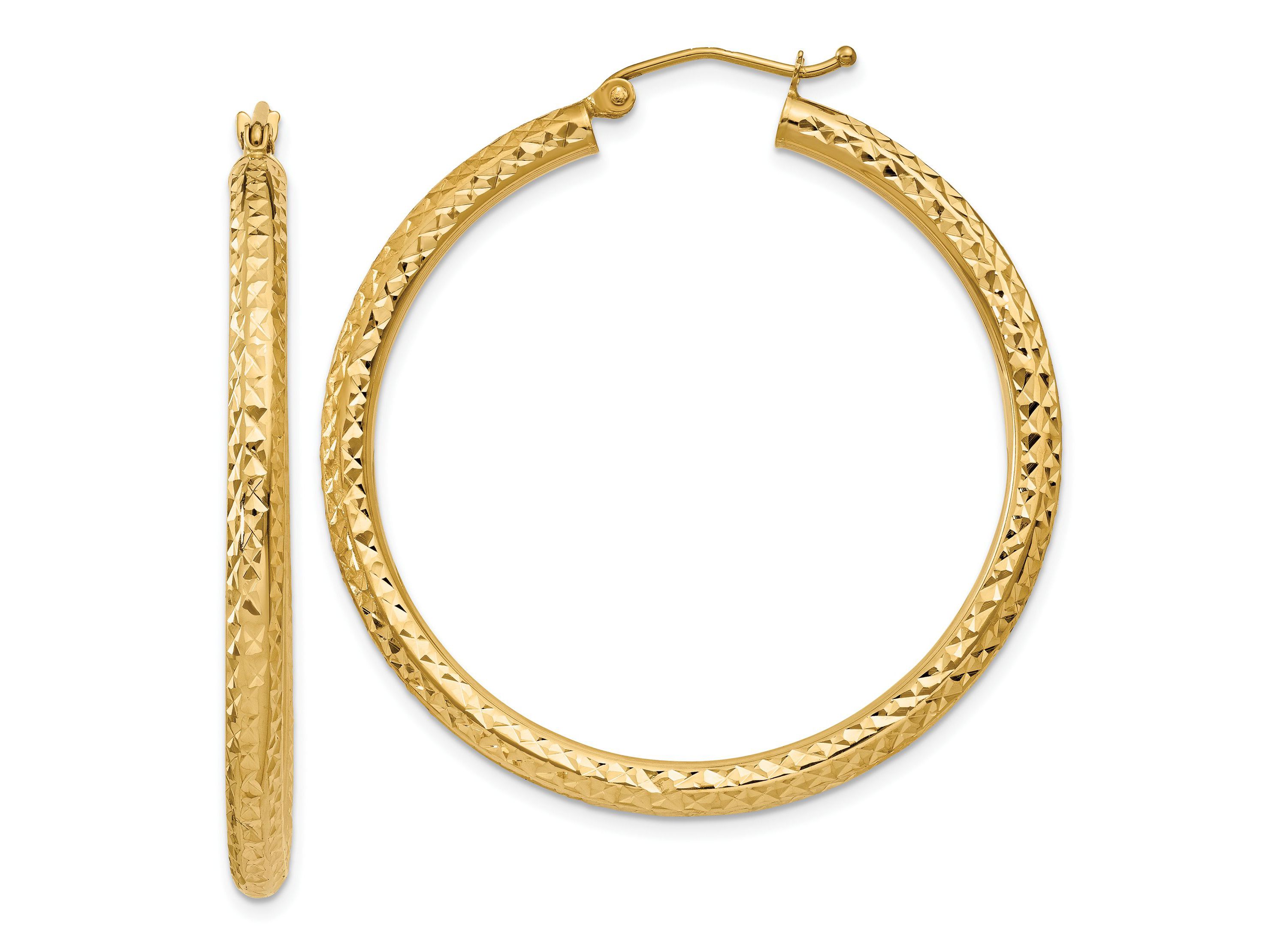 14K Yellow Gold Diamond-cut 3mm Round Hoop Earrings