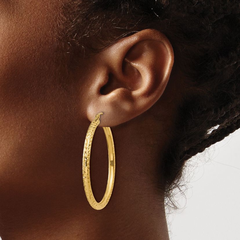 14K Yellow Gold Diamond-cut 3mm Round Hoop Earrings
