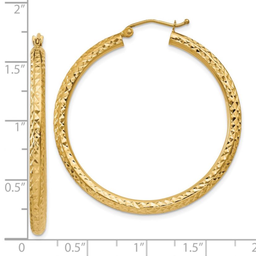 14K Yellow Gold Diamond-cut 3mm Round Hoop Earrings
