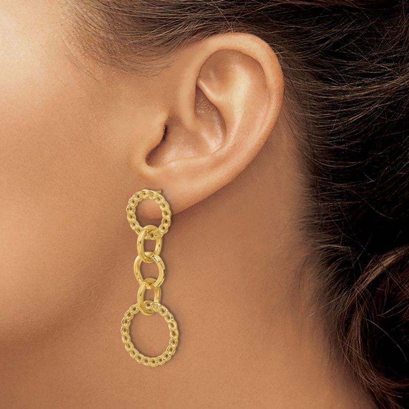 14K Yellow Gold Polished Fancy Circle Link Dangle Post Earrings