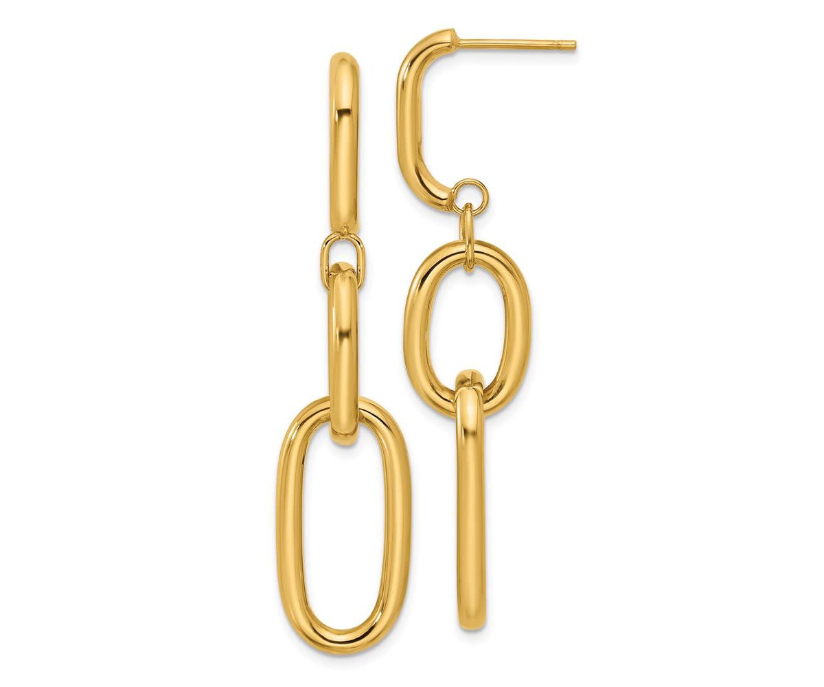 14K Yellow Gold Polished Oval Link Dangle Post Earrings