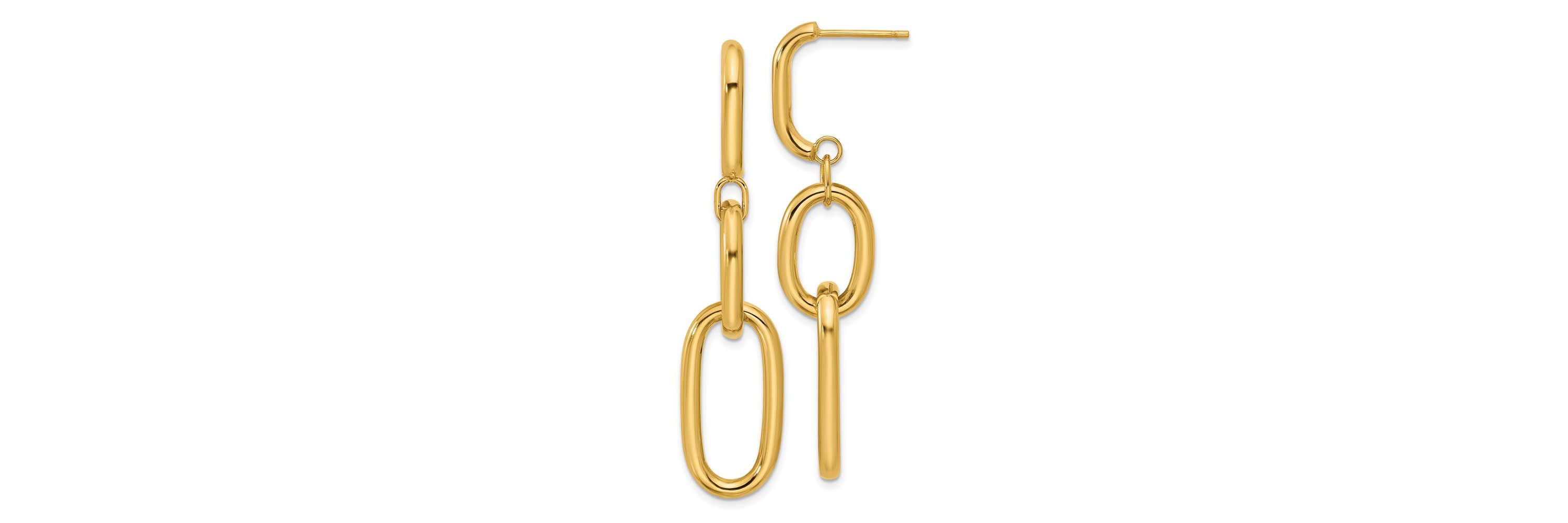 14K Yellow Gold Polished Oval Link Dangle Post Earrings