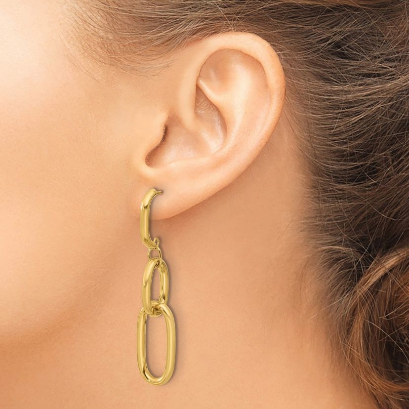 14K Yellow Gold Polished Oval Link Dangle Post Earrings