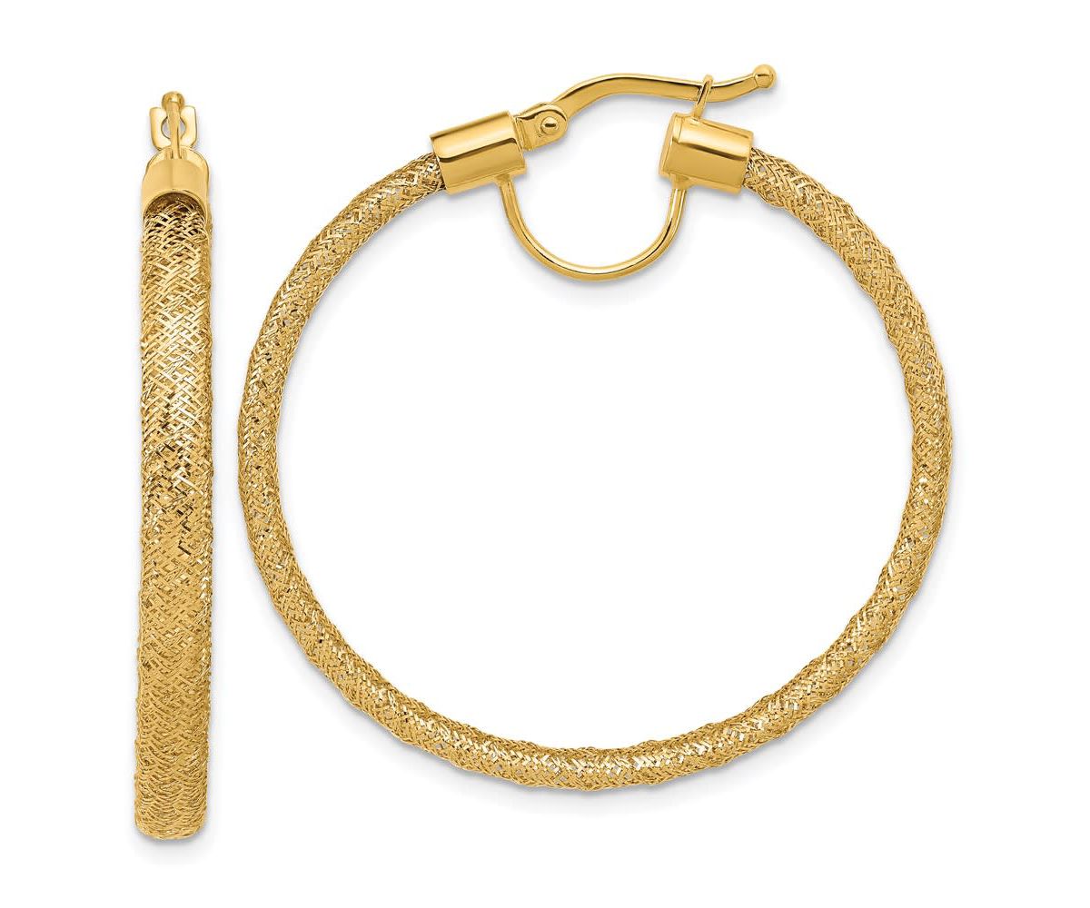 14K Yellow Gold Polished Mesh Round Hoop Earrings