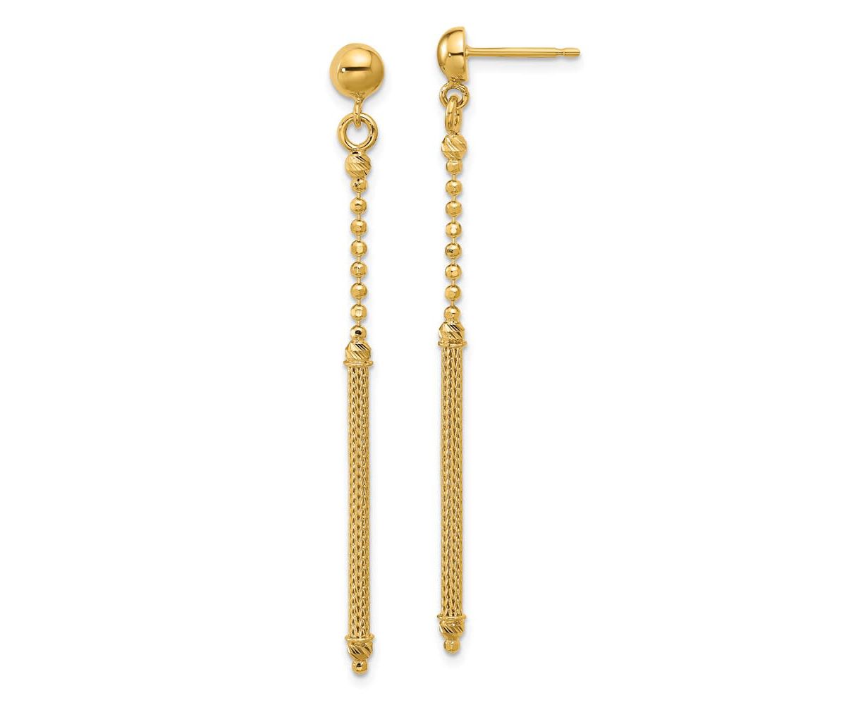 14K Yellow Gold Polished, Textured and Diamond-cut Bead with Bar Dangle Post Earrings