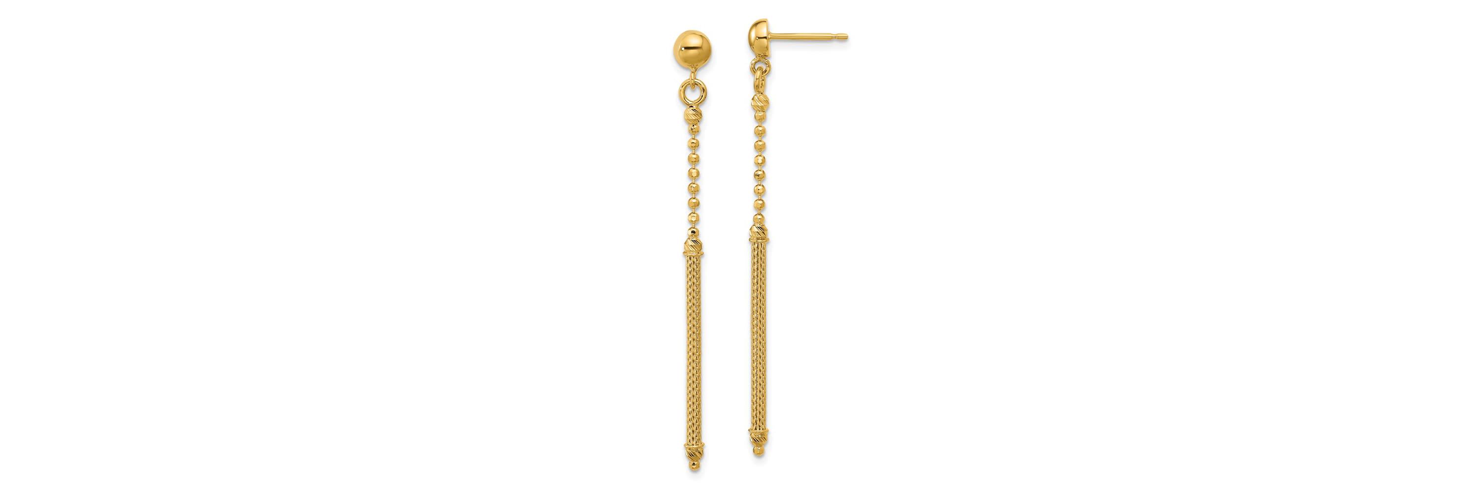 14K Yellow Gold Polished, Textured and Diamond-cut Bead with Bar Dangle Post Earrings