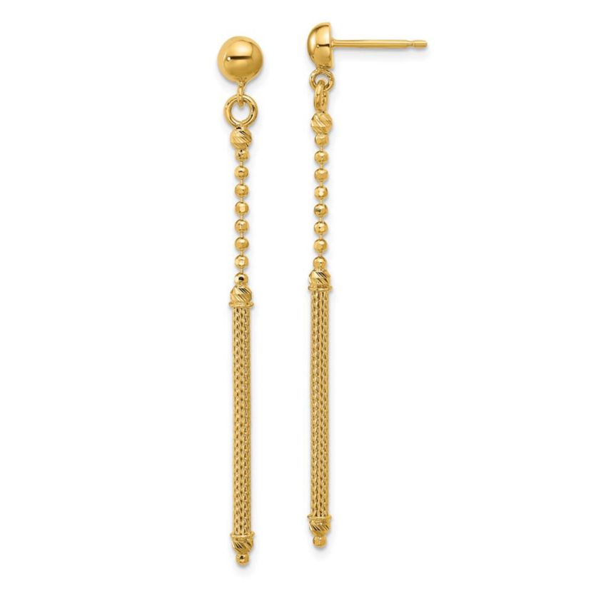 14K Yellow Gold Polished, Textured and Diamond-cut Bead with Bar Dangle Post Earrings