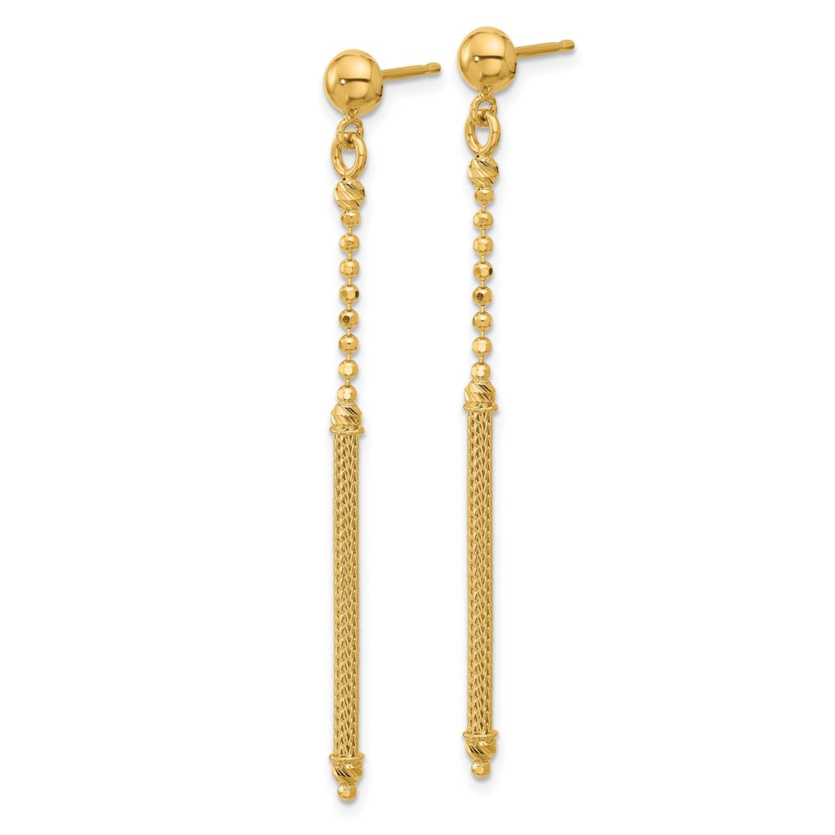 14K Yellow Gold Polished, Textured and Diamond-cut Bead with Bar Dangle Post Earrings