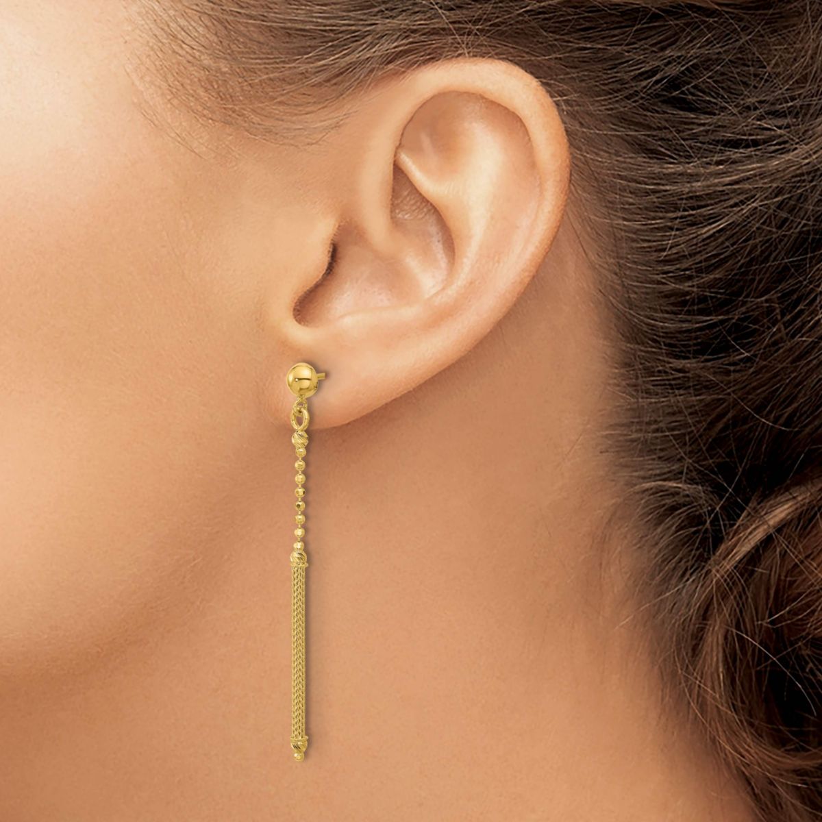 14K Yellow Gold Polished, Textured and Diamond-cut Bead with Bar Dangle Post Earrings